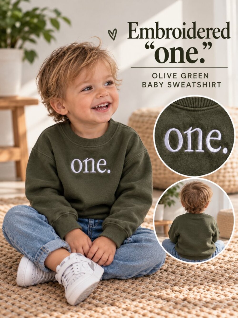 Olive Green “one.” Embroidered Baby Sweatshirt 🌿